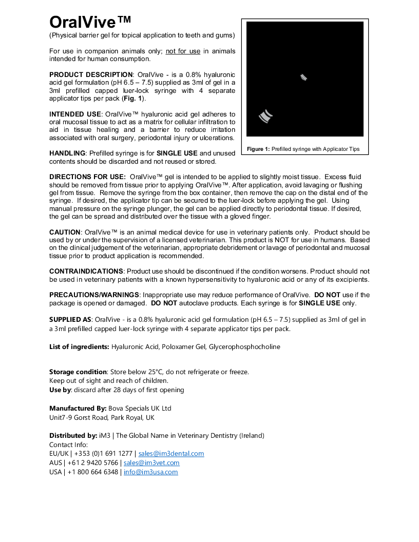 

OralViveTM, 3 ml, hyaluronic acid (HA) Veterinary Dental Gel

