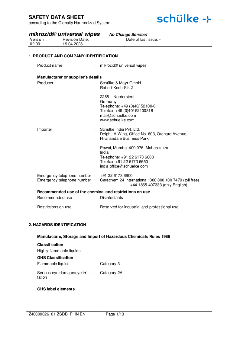 

Schülke mikrozid® universal wipes green line Desinfektionsservietter sikkerhedsdatabla

