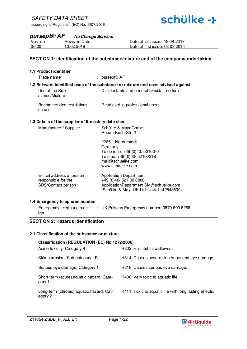 

Sikkerhedsdatablad engelsk Schülke puresept® Overfladedesinfektion, 5 liter

