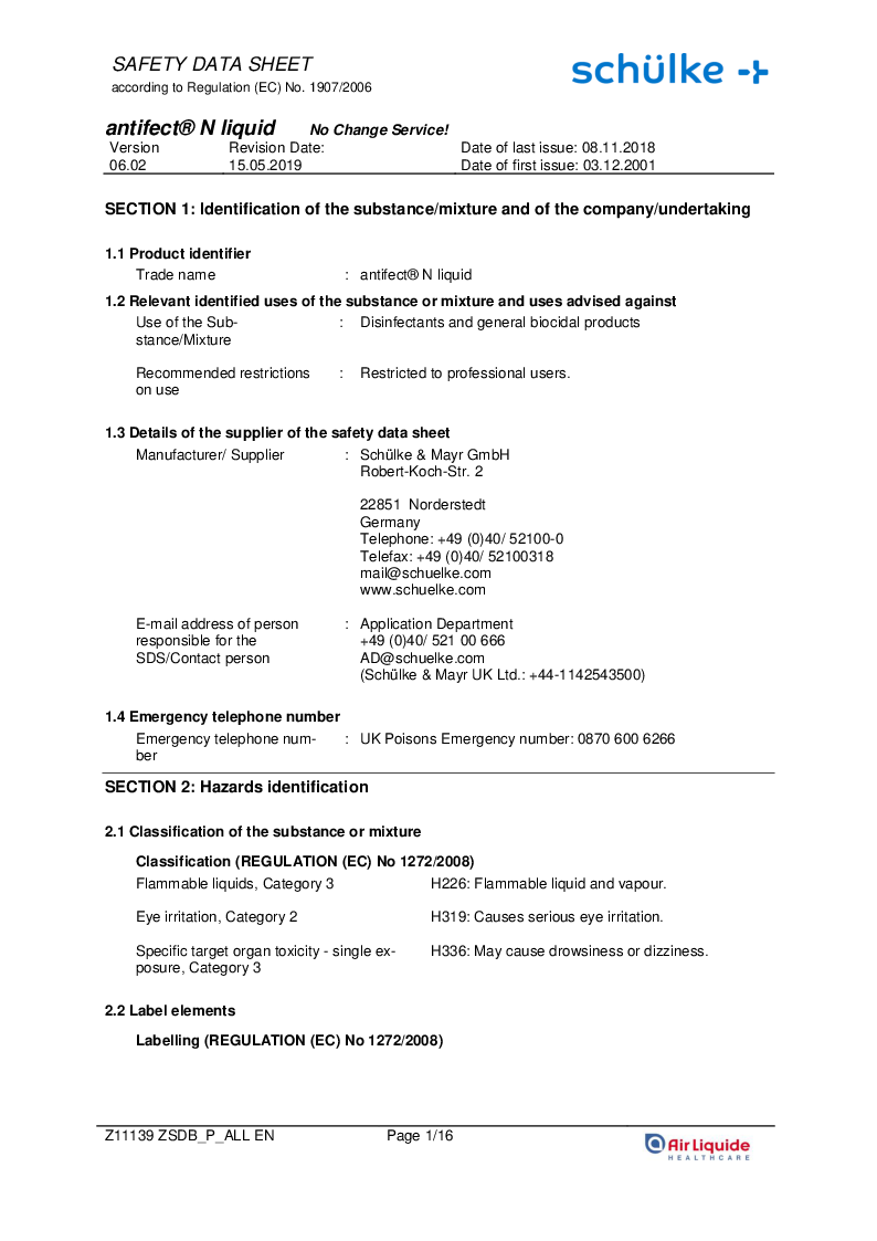 

Schülke antifect® N flydende overfladedesinfektionsmiddel, 1 liter sikkerhedsdatablad engelsk

